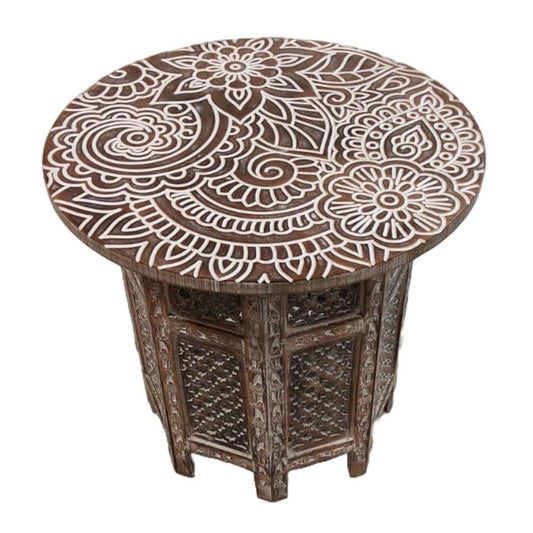 Round Carved Mango Wood Small Occasional Table