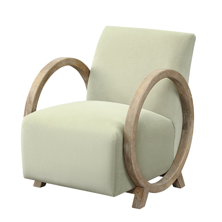 Upholstered Accent Chair with Circular Oak Armrests