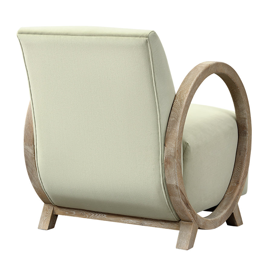 Upholstered Accent Chair with Circular Oak Armrests