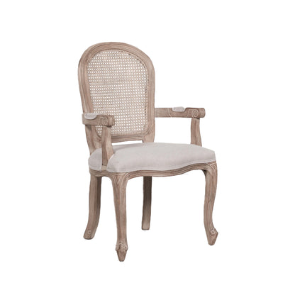 French Vintage Rattan Back Dining Armchair with Linen Cushion