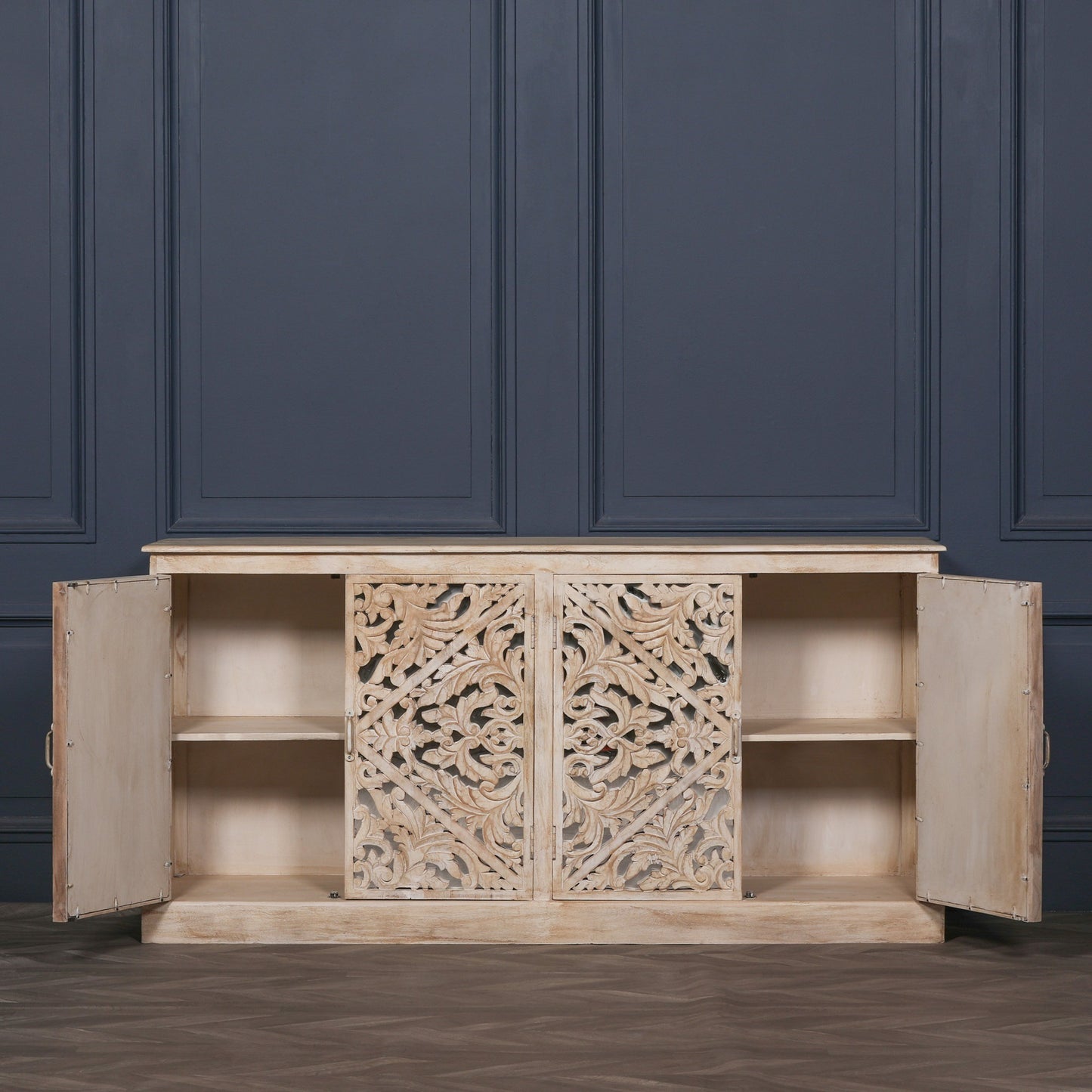 Pura Interiors Distressed Sideboard with Carved Detail 190cm | 4-door | Natural