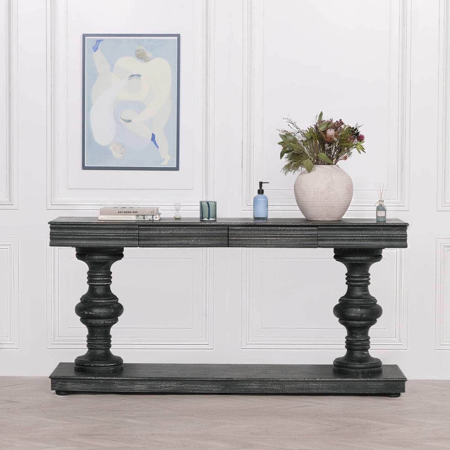 Bram Black Distressed Console Table with Column Legs 180cm