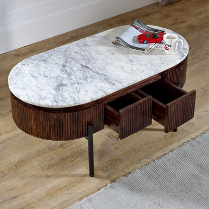 Aadhiya White Marble Top Ribbed Coffee Table