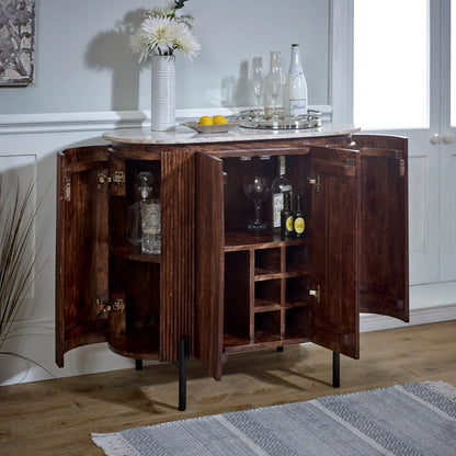 Aadhiya Contemporary Wooden Ribbed Sideboard with White Marble Top