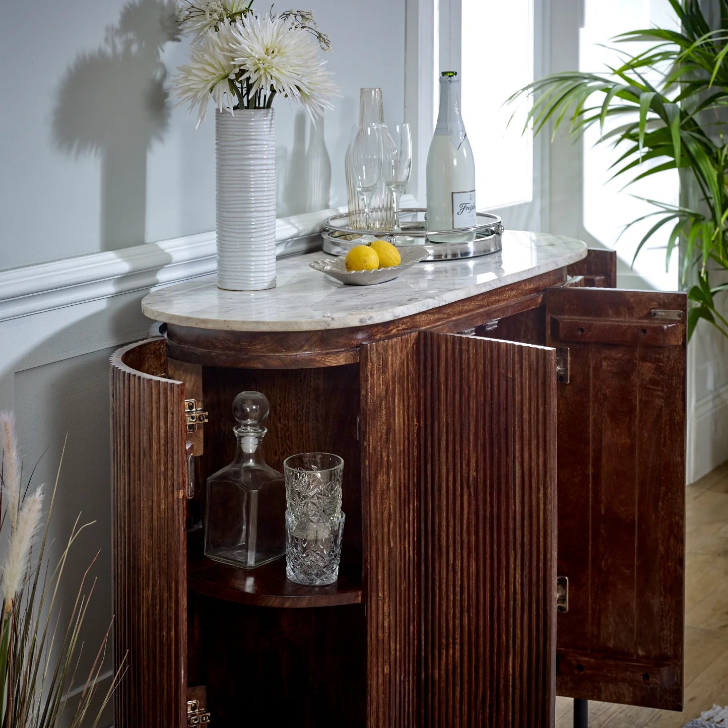 Aadhiya Contemporary Wooden Ribbed Sideboard with White Marble Top