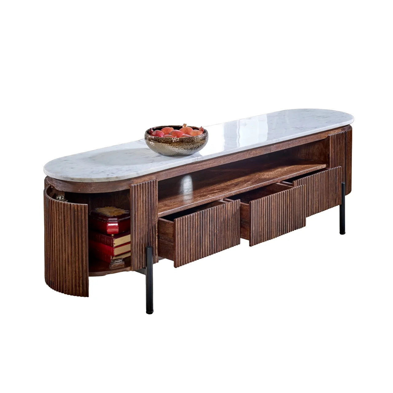 Aadhiya Modern Oval Marble Top Ribbed Media Unit with Storage