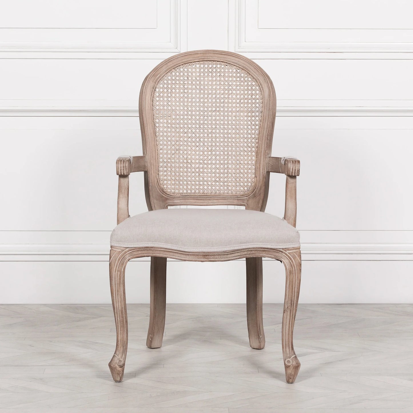 French Vintage Rattan Back Dining Armchair with Linen Cushion