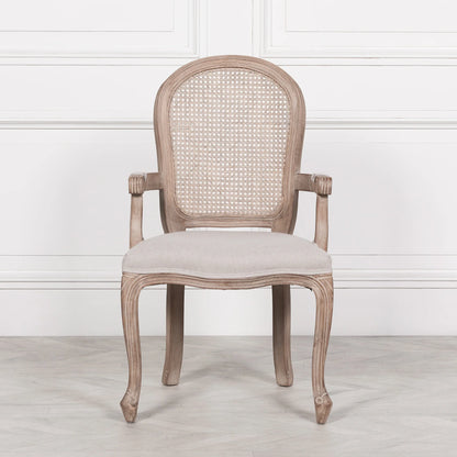 French Vintage Rattan Back Dining Armchair with Linen Cushion