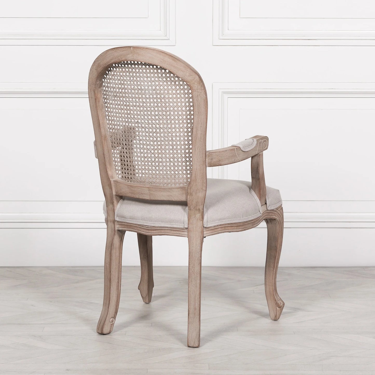 French Vintage Rattan Back Dining Armchair with Linen Cushion