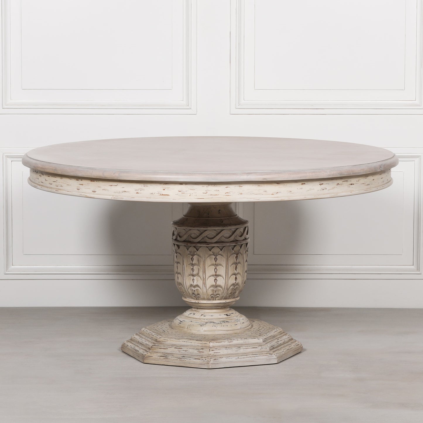 Pura Interiors Distressed White Cedar Round Dining Table | 145cm