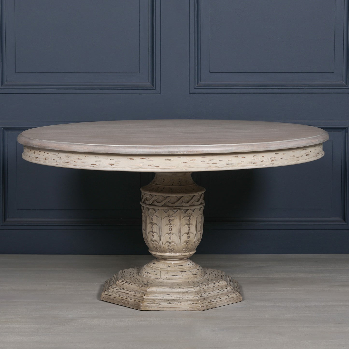 Pura Interiors Distressed White Cedar Round Dining Table | 145cm