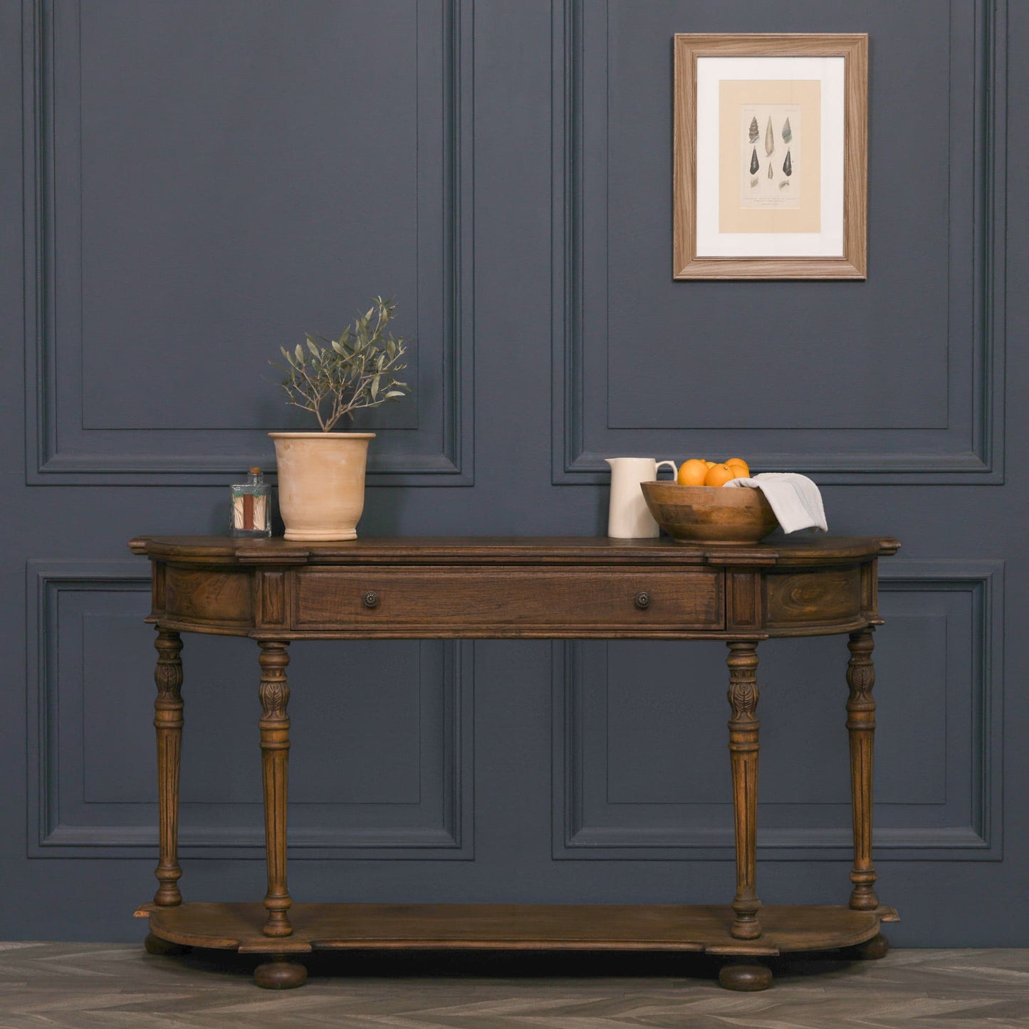 Dark Rustic Console Table with Hand-Carved Column Legs 151cm