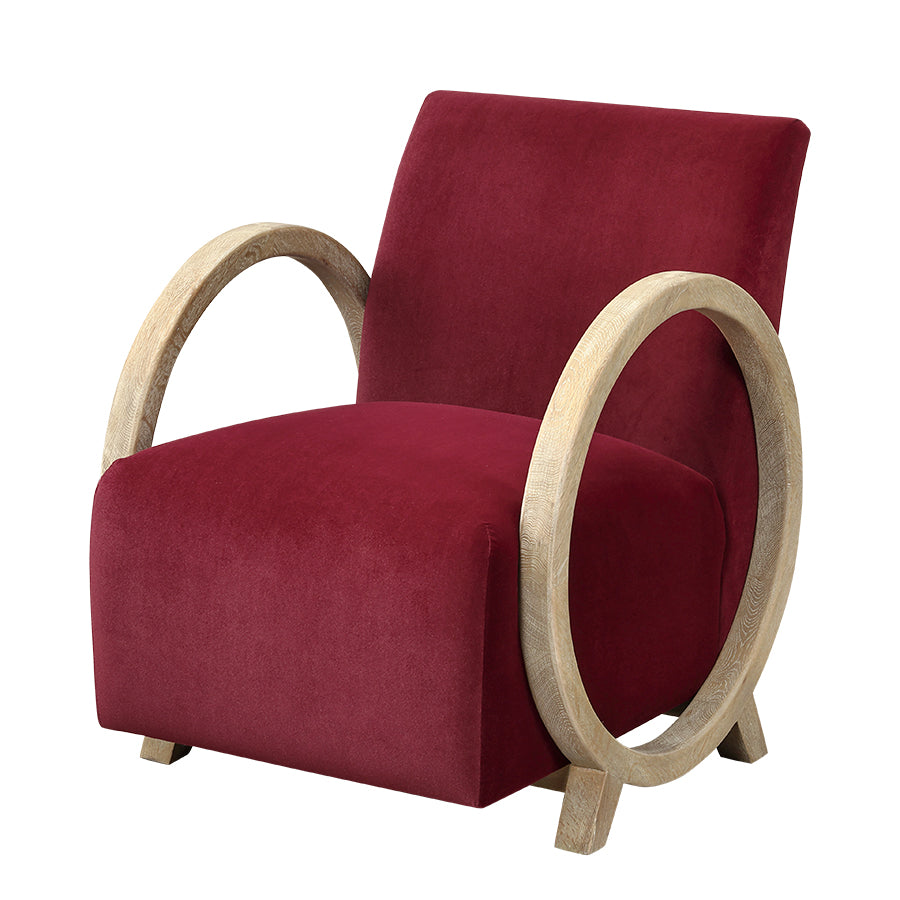 Upholstered Accent Chair with Circular Oak Armrests